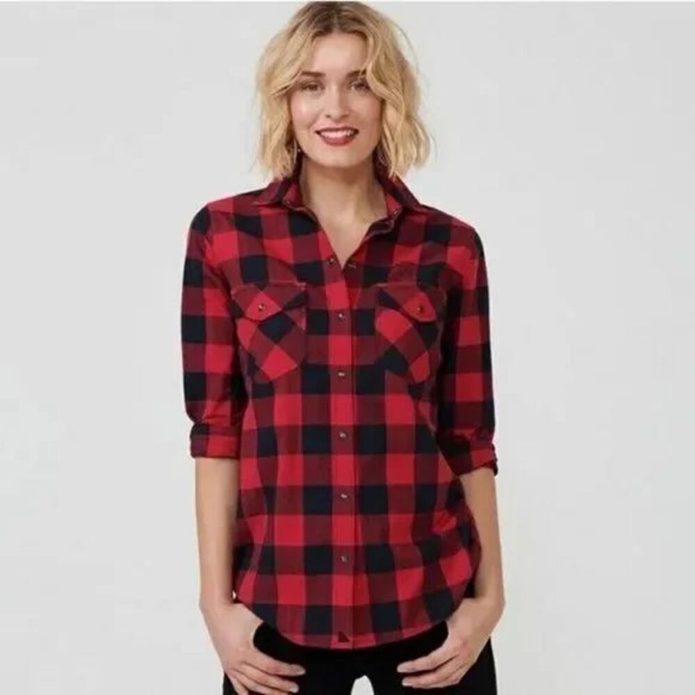 UNTUCKit For Her Dylan Pearl‎ Snap Shirt Womens Buffalo Plaid Red/Black Size 6